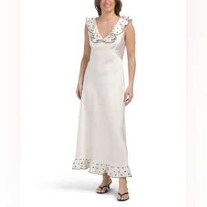 NWT - Caroline Constas Cream Ruffled Floral Embroidered Satin Finish Midi - L